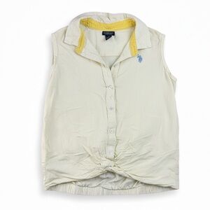 US POLO ASSN White Yellow & White Striped Sleeveless Tie Front Sz Small